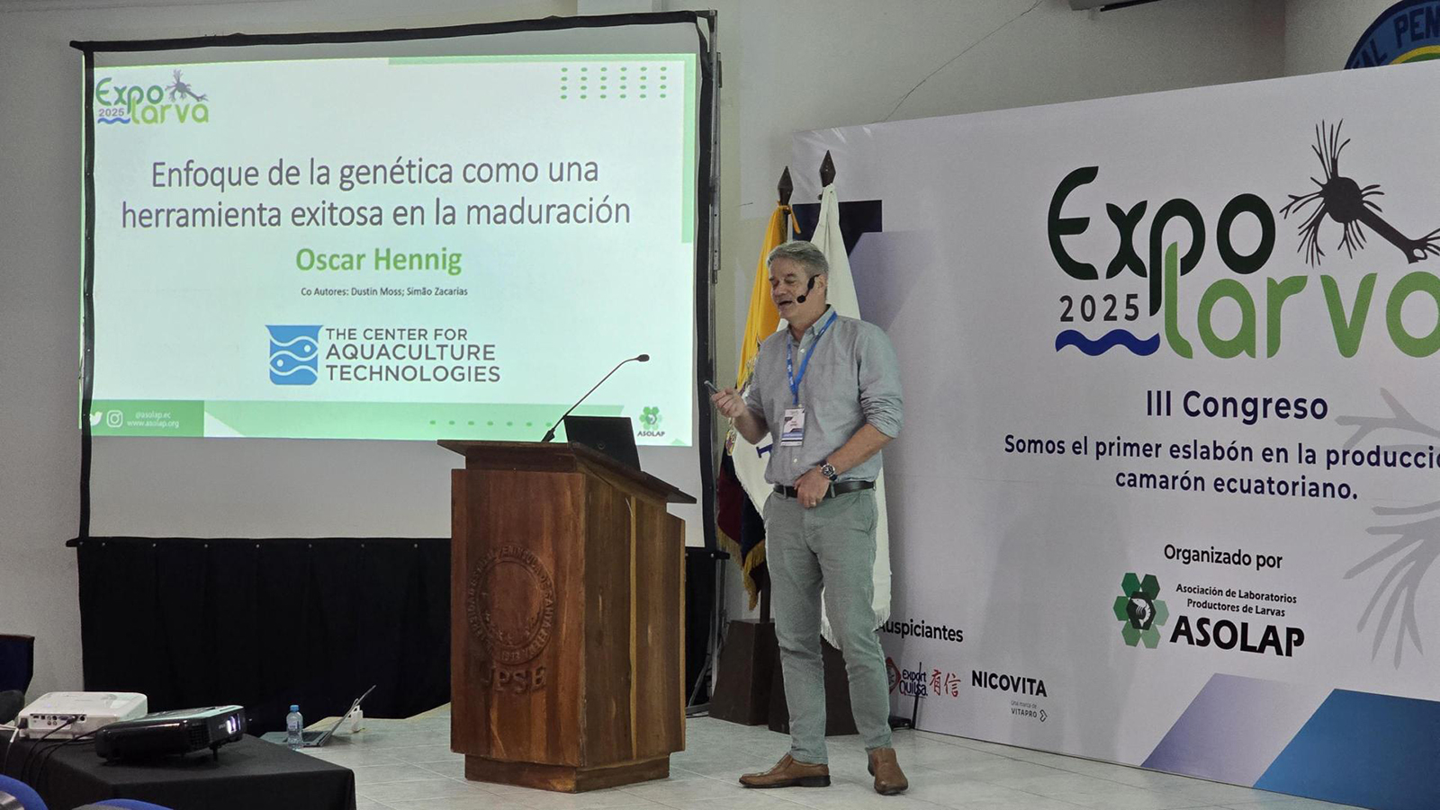 Oscar Hennig, Senior Advisor, and CAT’s Commercial Shrimp Production Expert, presenting at the recent Expo Larva conference in Ecuador.